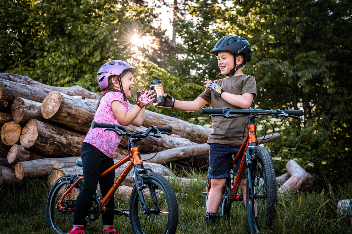 Deux enfants se tapent dans la main pendant une sortie à vélo en forêt